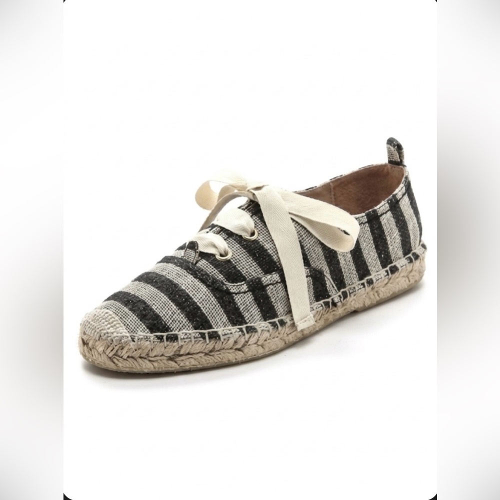 Kate Spade Lina Espadrille Flats Striped Metallic Black Beige Jute 8.5 Canvas